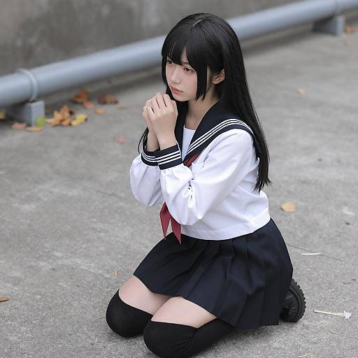 Asian Girl in Sailor Uniform Kneeling Outdoors