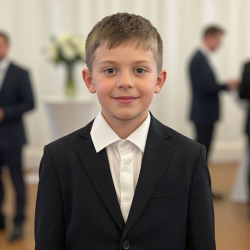 Photograph of a young boy with short brown hair, wearing a black suit and white shirt, smiling in a blurred, formal event.