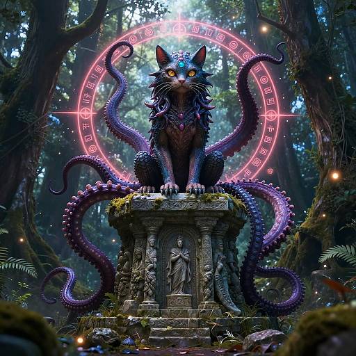 Digital fantasy artwork of a glowing, purple, serpent-like cat with yellow eyes, sitting on a moss-covered stone pedestal in a mystical forest, surrounded by