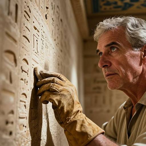 Photograph of an elderly man with gray hair, wearing brown gloves and a beige shirt, carving ancient stone reliefs with a chisel in a sun