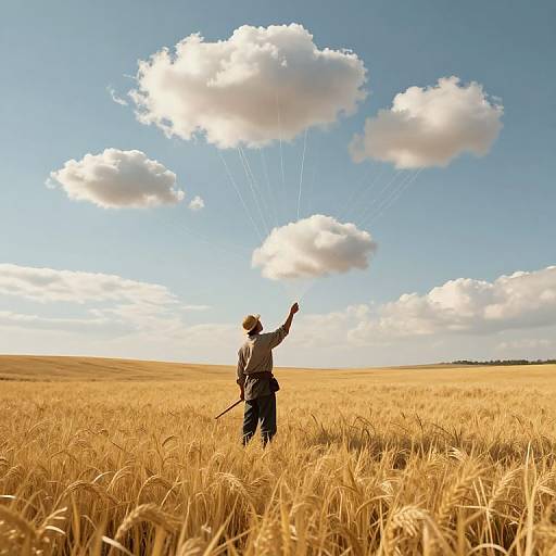 Photograph of a man in a wide-brimmed hat and brown jacket standing in a golden wheat field, holding strings attached to three fluffy white clouds