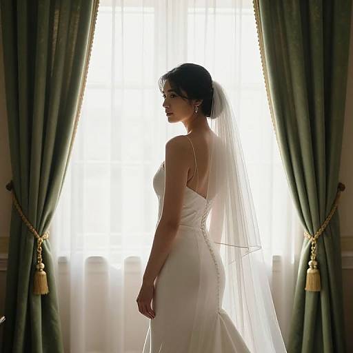 Photograph of a bride in a white, backless wedding dress with a long veil, standing silhouetted against a bright window, flanked