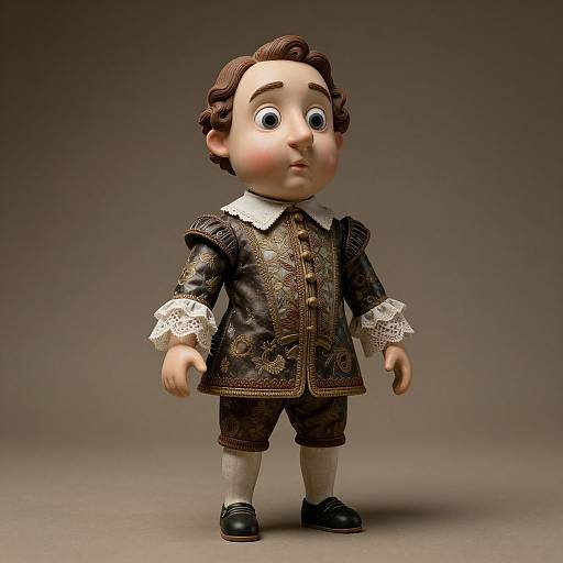 Photograph of a vintage-style porcelain doll with large blue eyes, brown curly hair, wearing an ornate dark brown coat, white lace cuffs, brown