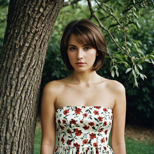 Young Woman in Floral Strapless Dress Outdoors