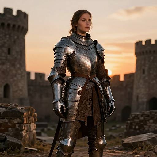 Photograph of a determined woman in shiny silver medieval armor, standing in a ruined castle courtyard at sunset, with tall stone towers in the background.