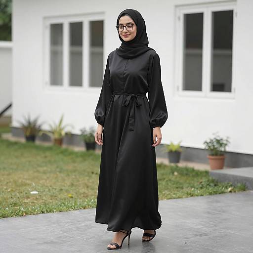 Woman in Black Hijab and Satin Dress Outdoors