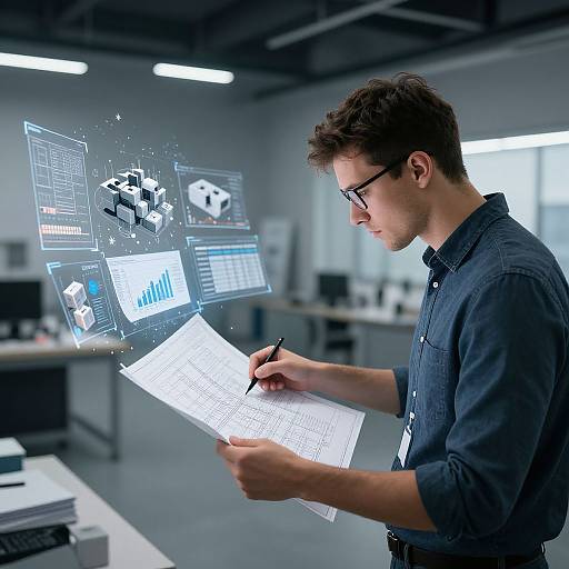 Young man with glasses and dark blue shirt, writing on paper, surrounded by digital data and charts floating above. Modern office background. Photorealistic CGI
