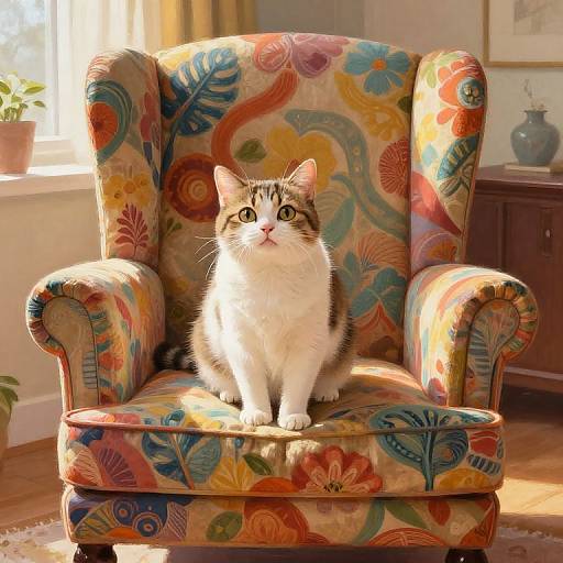 Whimsical Cat in Colorful Armchair