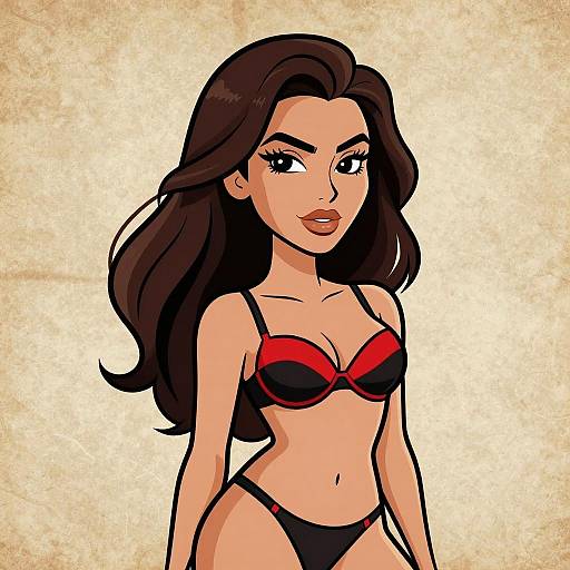 Stylized Cartoon Woman in Red and Black Lingerie