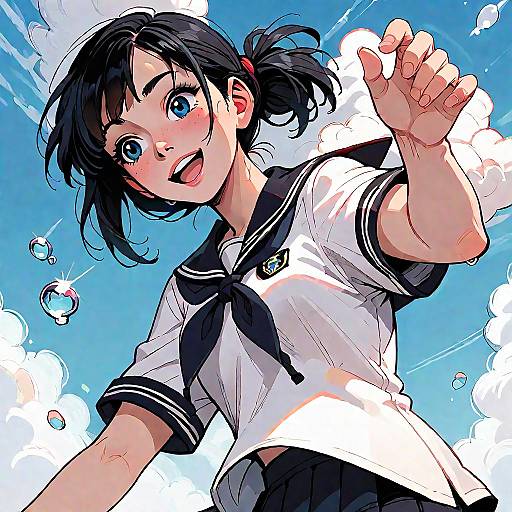 Cheerful Anime Girl Under Sunset Sky