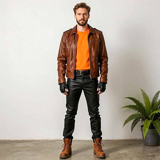 Man in Brown Leather Jacket and Black Leather Pants