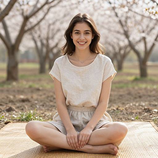 Photograph of a smiling young woman with light skin and dark brown hair, sitting cross-legged on a beige mat in a sunlit, tree-filled park