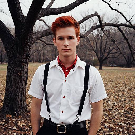 Young man in red neck Halloween costume outdoors