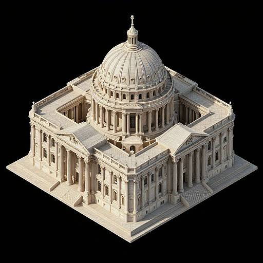 3D CGI rendering of a white, classical-style domed building with columns and intricate detailing, set against a black background.