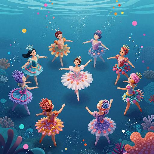Digital illustration of underwater ballerinas wearing colorful, flower-adorned tutus, floating in a blue ocean with coral and bubbles.