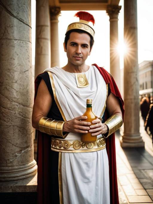 Man in Caesar Costume Holding Dressing Bottle