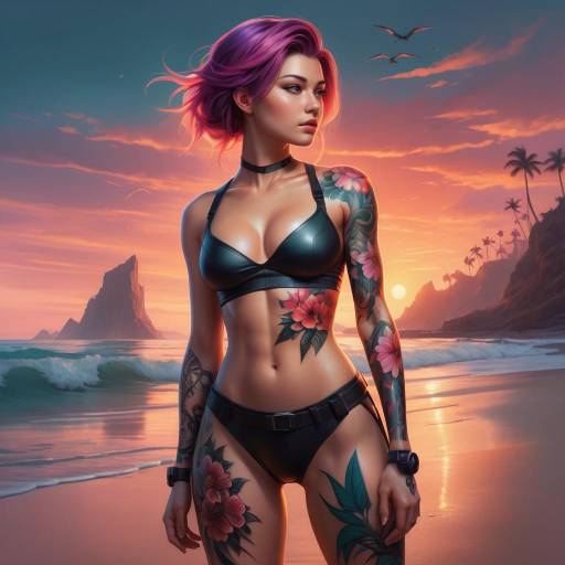 Woman at Sunset Beach with Floral Tattoo Woman at Sunset Beach with Floral Tattoo
