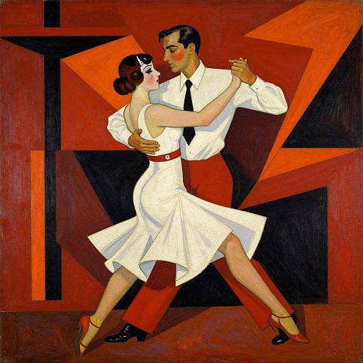 Art Deco-style painting of a dancing couple, man in white shirt and red pants, woman in white dress and red heels, against geometric orange and