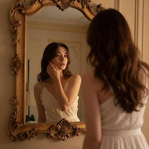 Photograph of a woman with long dark hair, wearing a white, sleeveless, lace dress, standing before an ornate, gold-framed mirror