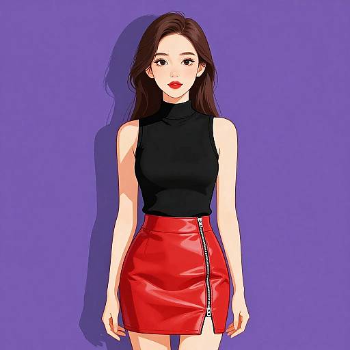 Digital anime-style illustration of a fair-skinned woman with long brown hair, wearing a black sleeveless turtleneck and red leather skirt with a front