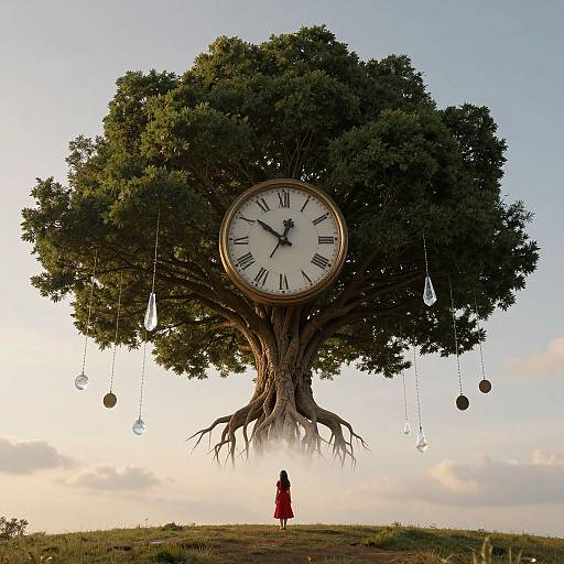 Photograph of a giant tree with a clock face, hanging crystals, and a small person in a red dress standing beneath.
