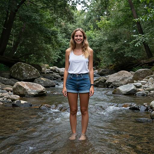 Photograph of a smiling young woman with long blonde hair, wearing a white tank top and denim shorts, standing in a shallow, rocky forest stream.