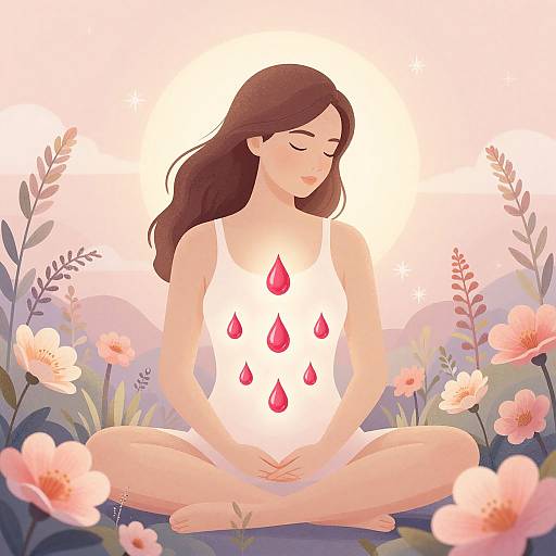 Digital illustration of a brown-haired woman in a white tank top with red teardrop patterns, meditating cross-legged in a flower-filled meadow at