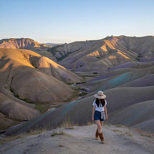 Photograph of a woman with long black hair, white shirt, blue shorts, brown boots, and sunhat, walking away from a sunlit,