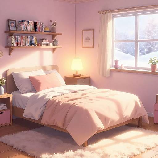 Photograph of a cozy, sunlit bedroom with a pink-themed bed, white fluffy rug, wooden shelves, books, potted plant, and window
