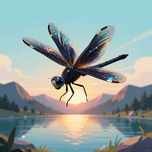 Glossy Midnight Dragonfly Over Alpine Lake