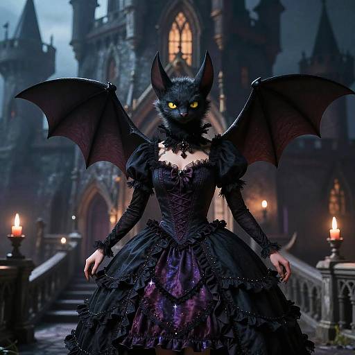Digital illustration of a black-furred, bat-winged, yellow-eyed female vampire in a gothic, ruffled black and purple dress, standing in