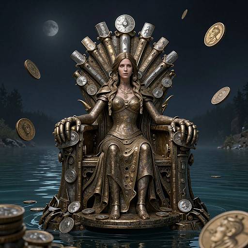 Digital artwork of a regal, armored woman with long brown hair sitting on a throne adorned with coins, floating in a moonlit lake, under a