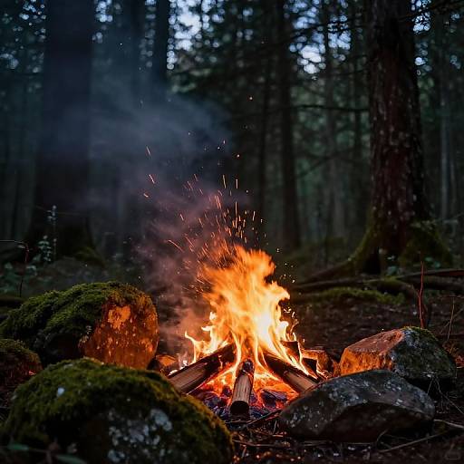 Photograph of a vibrant campfire in a dark forest, with bright orange flames, glowing embers, and smoke rising, surrounded by moss-covered rocks
