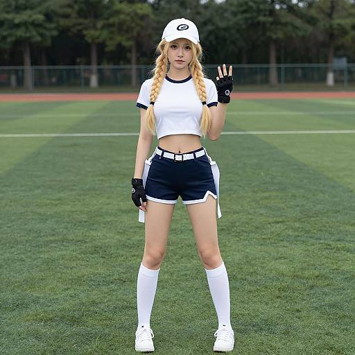 Photograph of a blonde, fair-skinned young woman in a white crop top, black shorts, white knee-high socks, and cap, waving,