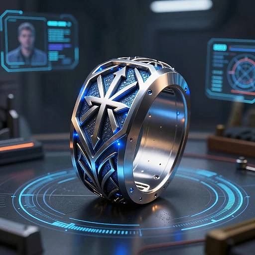 Photorealistic CGI of a metallic ring with blue glowing, star-like patterns, centered on a futuristic holographic interface.