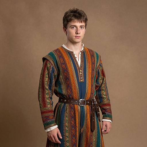 Photograph of a young man with short brown hair wearing a colorful, striped medieval-style tunic with a white collar and brown belt, standing against a