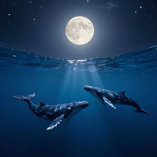 Photograph of two humpback whales swimming underwater at night, illuminated by a full moon's light, surrounded by a starry, deep blue ocean