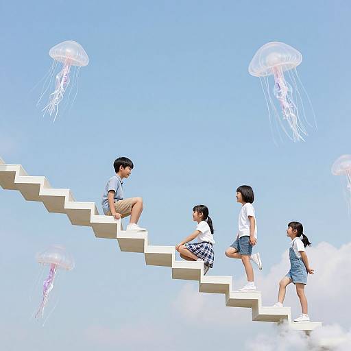 Digital illustration of four Asian children climbing white stairs against a bright blue sky, with three jellyfish floating above.