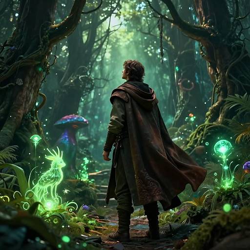 Digital artwork of a lone, cloaked figure standing in a mystical forest, surrounded by glowing green fireflies and bioluminescent plants. Ench