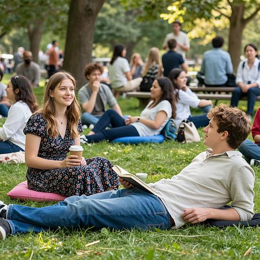 Photograph of a young couple sitting on grass in a park, with trees and people in the background; woman in floral dress, man in white shirt