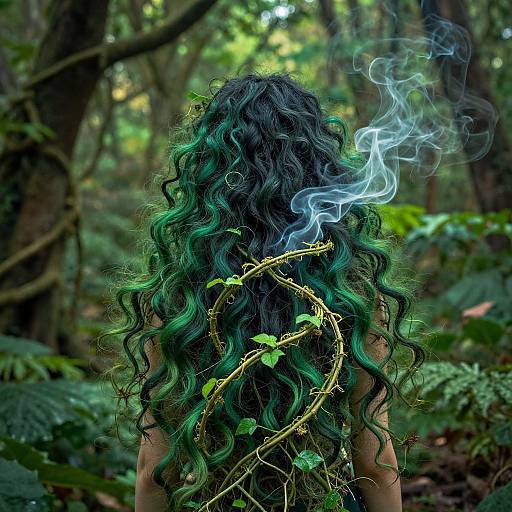 Photograph of a person with long, wavy, green-tinted hair, standing in a dense forest, smoke curling from their back,