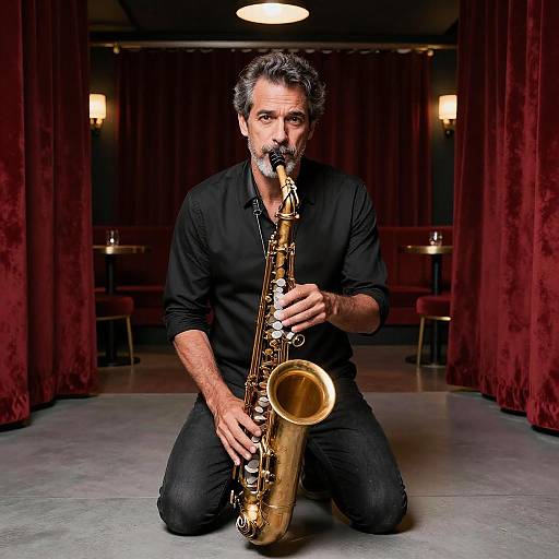 Photograph of a gray-haired, bearded man in a black shirt kneeling on stage, playing a golden saxophone in a dimly lit, red