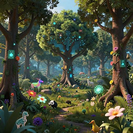 Whimsical digital forest scene with glowing, colorful plants, trees adorned with neon lights, and vibrant flowers, featuring a white bird and small animals amidst