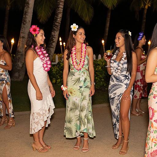 Photograph of three smiling Hawaiian women in floral dresses, lei necklaces, and sandals, standing on a sandy beach at night, surrounded by palm trees
