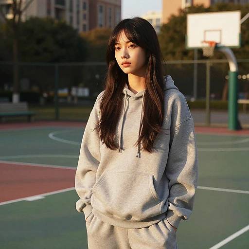 Photograph of an Asian woman with long black hair, wearing a grey hoodie and pants, standing on a sunlit outdoor basketball court with urban buildings in