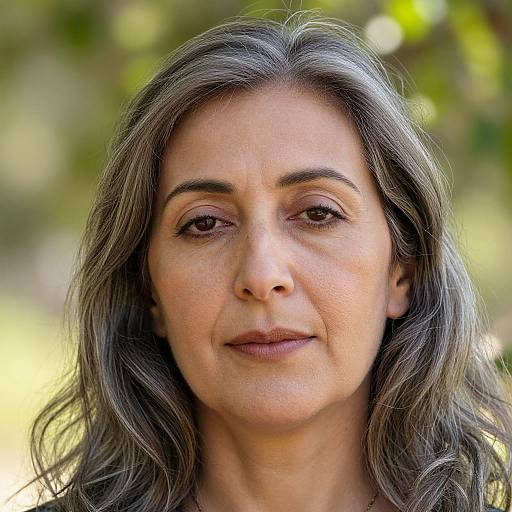 Photograph of a middle-aged woman with long, wavy gray hair, light brown eyes, and a gentle smile, set against a blurred, sun