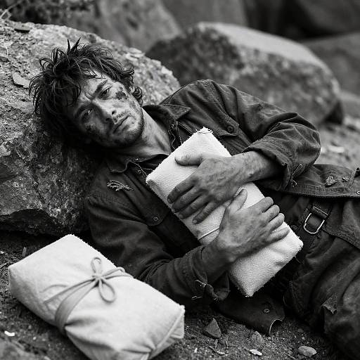 Exhausted Man Clutching Object in Grayscale