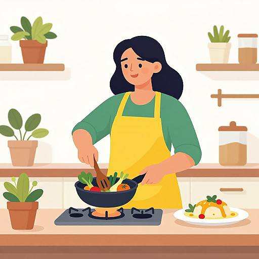 Digital illustration of a smiling woman with black hair, green shirt, and yellow apron, cooking in a kitchen with potted plants, chopping veggies in