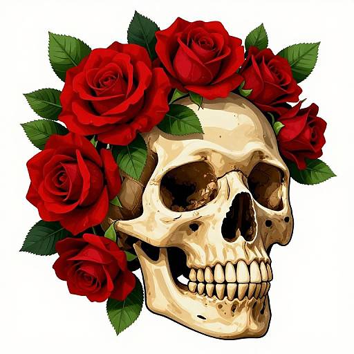 Digital illustration of a pale, detailed human skull adorned with vibrant red roses and green leaves, set against a white background.