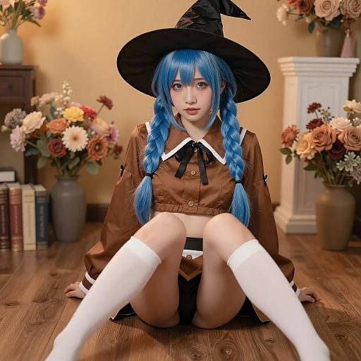 Photograph of a pale-skinned woman with blue braided hair, wearing a brown witch outfit, black hat, and white knee-high socks, sitting